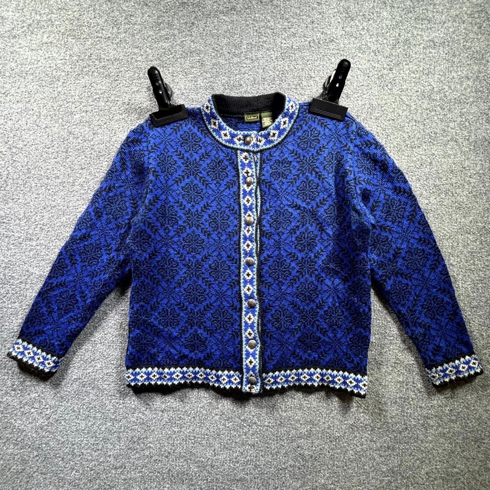 Vintage L.L.Bean Cardigan Sweater Womens S/M Blue Nordic Snowflake Merino Wool